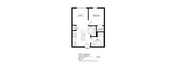 A black and white image of a floor plan for a one bedroom apartment.