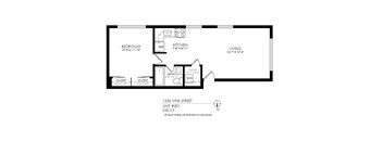 A floor plan of a one bedroom apartment at 1536 Vine Street.