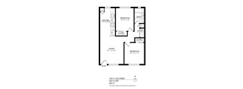 A floor plan of an apartment with a living room, kitchen, and two bedrooms.