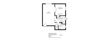 A floor plan of a one bedroom apartment with dimensions.