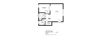 A black and white image of a floor plan for a one bedroom apartment.