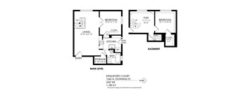 A black and white image of a floor plan for a home with two bedrooms, a living room, a kitchen, a bathroom, and a basement.