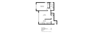 A black and white image of a floor plan for a one bedroom apartment.