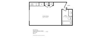 A drawing of a floor plan for a living room and bathroom.
