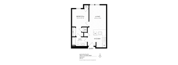 A black and white image of a floor plan for a one bedroom apartment.