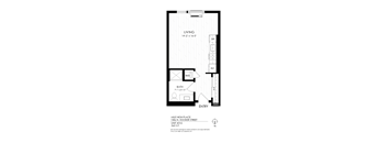 A black and white drawing of a living room, bathroom, and entryway.
