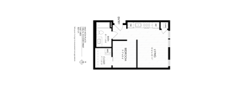 A floor plan of a small apartment with a living room, bedroom, bathroom, and kitchen.