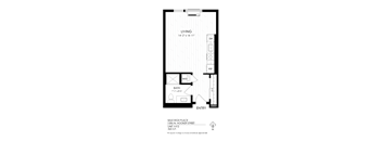 A black and white drawing of a living room with a bathroom and entry.