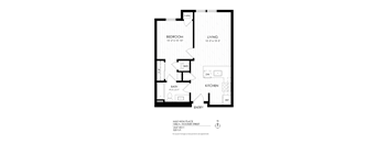 A floor plan of a one bedroom apartment with a living room, kitchen and bath.
