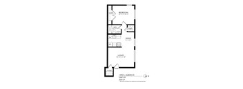 A floor plan of an apartment with a living room, dining room, bathroom and bedroom.