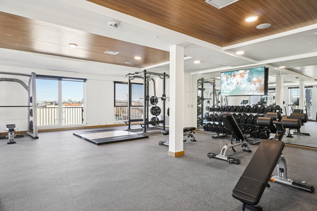 A spacious gym with a variety of equipment and a view of the outside.