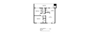 A black and white image of a floor plan for a home with a balcony, two bedrooms, a dining area, a living room, and a storage area.