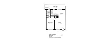 A floor plan of a one bedroom apartment with a balcony.