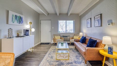 a living room with a couch and a coffee table