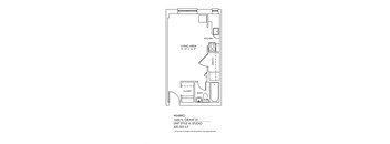 A floor plan of a studio apartment with a living area, kitchen, and bathroom.