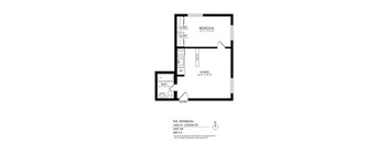 A drawing of an apartment layout with a bedroom, living room, bathroom, and entry.