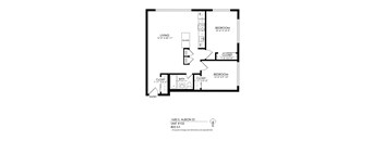 A floor plan of a small apartment with a living room, two bedrooms, and two closets.