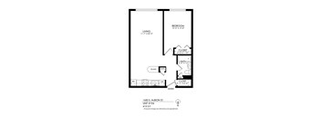 A floor plan of an apartment with a living room, bedroom, bathroom, and closet.