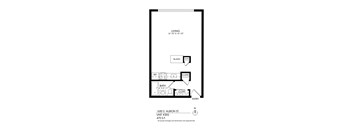 A drawing of a living space with a bathroom and entryway.