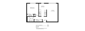 A floor plan of a one bedroom apartment with a closet and a bath.