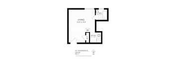 A black and white image of a floor plan for an apartment at 1671 Washington St., Unit #32, showing the layout of the living room, kitchen, and bathroom.
