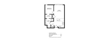 A black and white image of a floor plan for a one bedroom apartment.