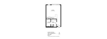 A drawing of a living space with a bathroom and closet.