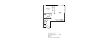 A floor plan of a one bedroom apartment with a living room and bathroom.