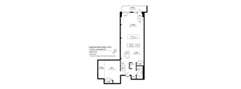 A floor plan for a unit at Buerger Brothers Lofts shows a living area, a patio, a sleeping area, and a raised platform with a den.
