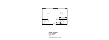 A black and white floor plan of an apartment with a living area, bedroom, kitchen, bathroom and closet.