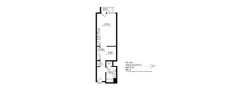 A floor plan for a one bedroom apartment with a living room, sleeping area, and bathroom.