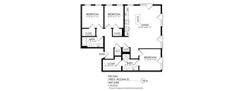 A black and white image of a floor plan for a two bedroom apartment.