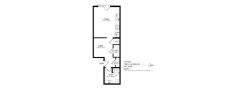 A floor plan for a one bedroom apartment with a living room, sleeping area, bathroom and closet.