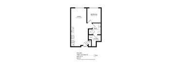 A floor plan of a one bedroom apartment with a living room, bathroom, kitchen, pantry and entry.
