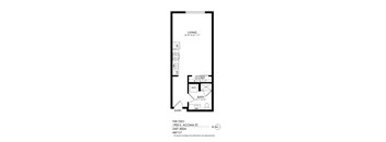 A drawing of a living space with a bathroom and a closet.