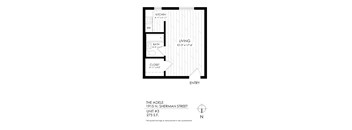 A black and white image of a floor plan for a unit at The Adele.