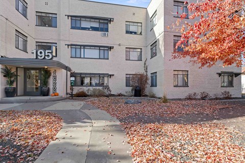 front view of our building in the fall