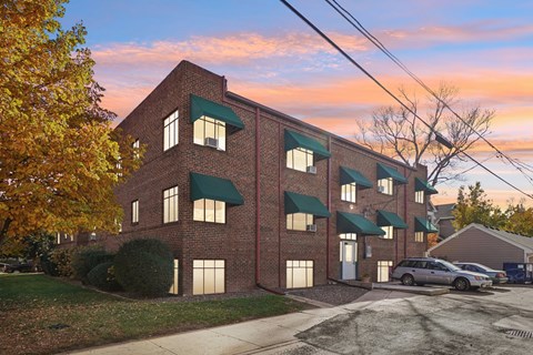A red brick building with green awnings and a tree with yellow leaves.