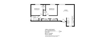 A floor plan for a living space with a bathroom and two bedrooms.