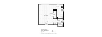 A floor plan of an apartment at Virginia Avenue showing a kitchen, living room, bathroom and a closet.