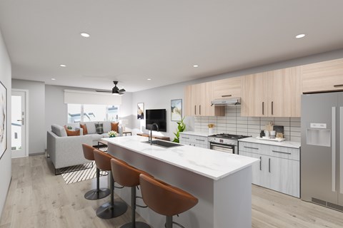 A modern kitchen with a bar area and a dining area.