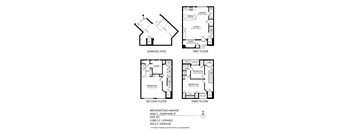 A drawing of a three-story townhouse with a garage and a living room on the first floor.