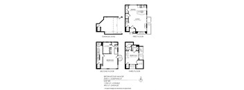 A floor plan for a three-story townhouse with garage and living room on the first floor, bedrooms on the second and third floors.