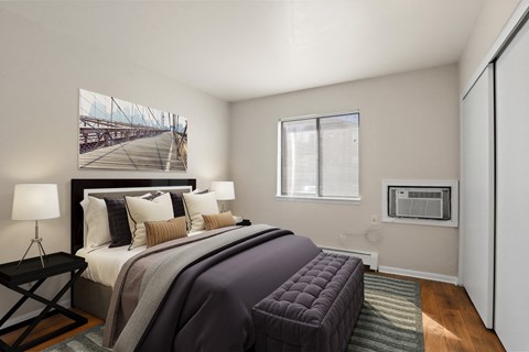 rendering of a bedroom with a bed and a window