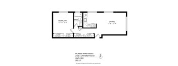 A black and white image of a floor plan for a bedroom and living room apartment.