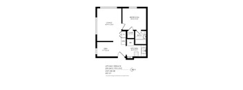 A black and white image of a floor plan for a one bedroom apartment.