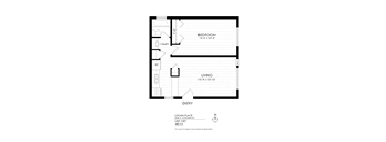 A black and white image of a floor plan for a one-bedroom apartment.