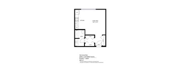 A floor plan of a studio apartment with a kitchen, bath, and living area.