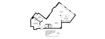 A floor plan of a Clocktower Lofts unit showing the layout of the sleeping area, kitchen, bath, and laundry.
