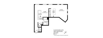 A black and white image of a floor plan for a loft apartment.